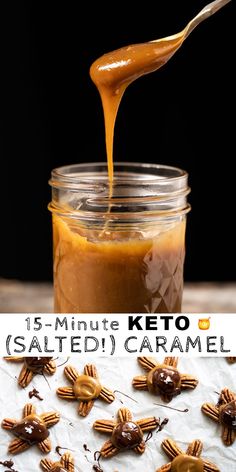 salted caramel sauce being poured into a jar