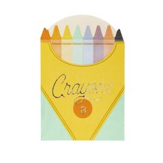 a card with crayons written on it and colored pencils in the back