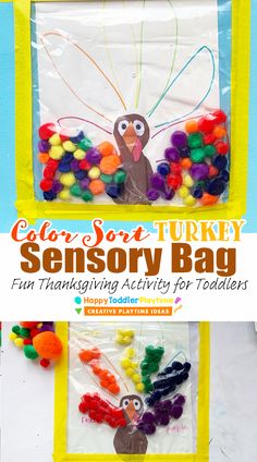 a turkey made out of plastic bags with pom poms on it and the words gone so, turkey sensory bag fun thanksgiving activity for toddlers