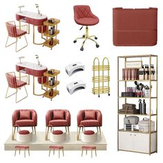 an assortment of office furniture including chairs, desks and shelves