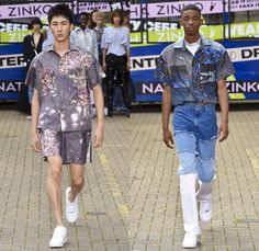 Natasha Zinko 2019 Spring Summer Mens Runway Catwalk Looks Collection - London Fashion Week Collections UK - Streetwear Nest Print Polo Short Sleeve Shorts Patchwork Layers Deconstructed Combo Panels Denim Jeans Athleisure Trackwear Sweatshirt Plaid Check Suit Blazer Slouchy Pants Denim Runway, Natasha Zinko, Slouchy Pants, Check Suit, Runway Collection