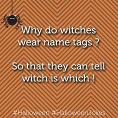 a spider on an orange background with the words, why do witches wear name tags? so that they can tell which is which