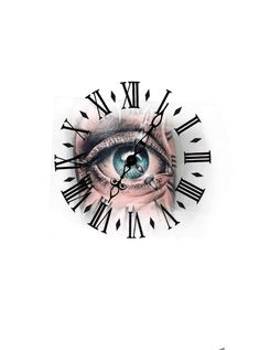 a clock with an eye on it and roman numerals around the clock face