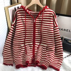 deanwangkt Autumn Winter Red Stripes Hooded Knit Cardigan Woman Korean – DEANWANGKT Striped Jumper Outfit, Chilly Day Outfit, Red Striped Sweater, Loose Cotton Pants, Hooded Knit Cardigan, Sweater Zipper, Winter Red, Knitting Women Cardigan, Zip Design