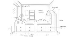 a drawing of a room with furniture and measurements for the walls, drawers, and ceiling