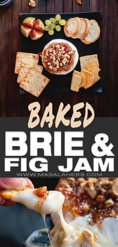 baked brie and fig jam is being served on a plate with bread, crackers and grapes