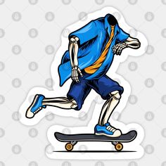 a skeleton riding a skateboard wearing a blue shirt and yellow socks sticker on a white background