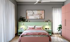 a bedroom with pink and green accents