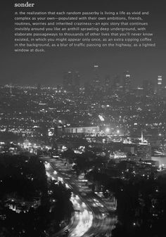 black and white photograph of city at night with text overlaying the image that reads sounder