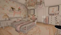 ୨୧ by mxngobean ୨୧ K-12 Bloxburg, Coquette Room Bloxburg, Bed Ideas Bloxburg, Bloxburg Pink Castle, Pink Bloxburg Room, Coquette Bloxburg Interior, Frenchrxses Bloxburg, Coquette Bloxburg House Bathroom