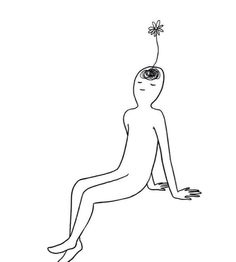 a black and white drawing of a person sitting on the ground with a flower in their hair