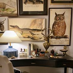 a desk with an owl lamp and pictures on the wall above it, along with other items