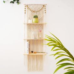 a macrame hanging on the wall next to a potted plant