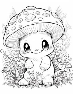 a cute little mushroom sitting in the grass with flowers around it, coloring pages for kids