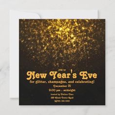 a new year's eve party flyer with gold glitter on black and white background