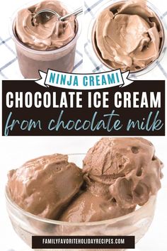 chocolate ice cream in a glass bowl with two scoops and the title above it reads, chocolate ice cream from chocolate milk