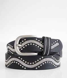 "BKE Glitz Wave Belt - Black Large, Women's Black Rhinestone and stud 1 1/4" faux leather belt. 80% Polyurethane 10% Metal 10% Glass. Apparel & Accessories" Interesting Belts, Women's Belts, Belt For Women, Faux Leather Belts, Belt Black, Black Rhinestone, Black Media, Black Belt, Belts For Women