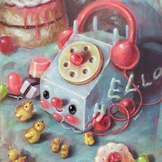 a painting of an old phone surrounded by toys