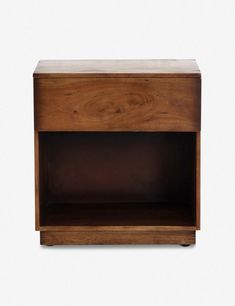 a small wooden shelf with one drawer open