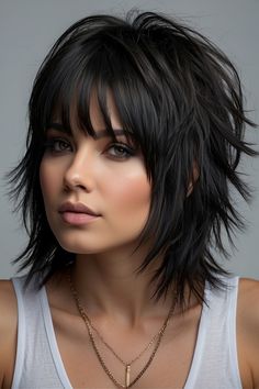 Edgy Straight Haircuts, Long Rocker Hair Cuts For Women, Short Rockstar Hair, Rockstar Shag Haircut, Choppy Shag Haircut, Shaggy Medium Hair With Bangs, Rocker Hairstyles For Women, Shag Bob With Bangs, Punk Haircuts For Women