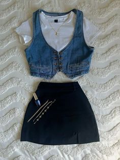 #fashion #1 #aesthetic Date Night Outfit Cute Casual, Cute Night Out Outfits Casual, Summer Outfits With Vest, Rachel Green Denim Vest, Fitted Denim Vest Outfit, Summer Restaurant Outfit, Fall Denim Vest Outfits, Still Woozy Concert Outfit, 90’s Outfits Aesthetic