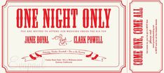 a ticket for a concert with the words one night only on it's front and back side