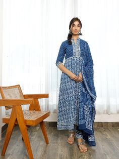 Indigo Bagru Hand Block Printed Cotton A-Line Kurta Set (Set of 3) by Pheeta now available at Trendroots Indigo Kurta, Indigo Pants, A Line Kurta, Cotton Dupatta, Beautiful Illustration, Kurta Set, Best Deal, Mandarin Collar, Block Print