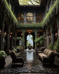 an indoor courtyard with couches and potted plants on either side of the walkway