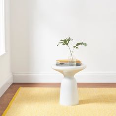 a white table with a plant on it in front of a window next to a yellow rug