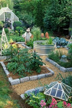 an outdoor garden with lots of plants and flowers