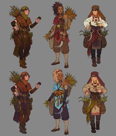 six different types of people dressed up in medieval clothing and holding plants, with one person standing