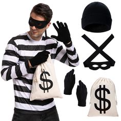 a man dressed in jail clothes and holding a bag with dollar signs on it while wearing black gloves