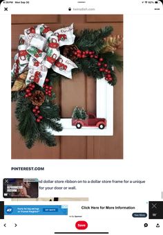 a christmas wreath on the front door with a red truck and pineconis tied to it