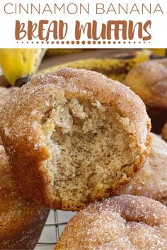 cinnamon banana bread muffins on a cooling rack with bananas in the background and text overlay