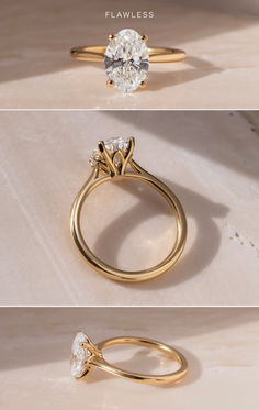 three different views of an engagement ring with diamonds on the side and in the middle