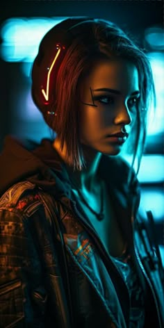 a woman with headphones on her ears in front of a neon background and text that reads