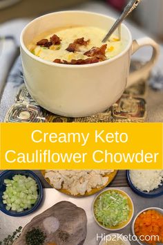 the creamy keto cauliflower chowder is ready to be eaten and served