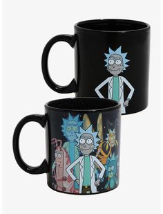 two black coffee mugs with cartoon characters on them