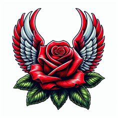 a red rose with wings and leaves on it's side, in the shape of an angel