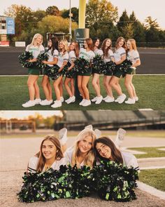 the cheerleaders are posing for pictures before and after their team's game