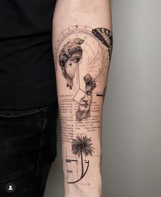 a person with a tattoo on their arm that has pictures and words on it,