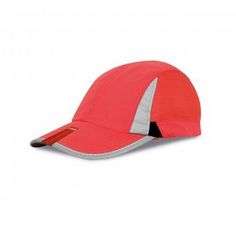 a red and grey hat with an orange visor