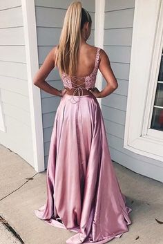 A-line Two Pieces Square Neck Appliques High Slit Prom Dress 2 Piece Prom Dress, Split Prom Dresses, Prom Dresses Long Pink