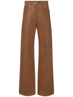 Brown Wide Leg Leather Bottoms, Luxury Brown Wide Leg Pants For Women, Luxury Brown Leather Bottoms, Brown Wide-leg Leather Pants With Pockets, Elegant Brown Full-length Leather Pants, Brown Leather Pants, Black Palazzo Pants, Versace Brand, Leather Outfit