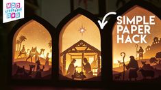 three paper cut nativity scenes with the words simple paper hack written in front of them