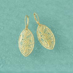 Ross-Simons - Italian 14kt Yellow Gold Pizzo-Style Marquise-Shaped Drop Earrings. Named after the Italian word for "lace," these pizzo-style drop earrings are meant for a gold lover! Crafted in Italy, the chic pair glows in floral lacework designs of textured, satin and polished 14kt yellow gold. Hanging length is 1 3/4". Leverback, 14kt yellow gold pizzo-style marquise-shaped drop earrings. Ornate Yellow Gold Oval Earrings, Oval Filigree Earrings For Wedding, Yellow Gold Oval Filigree Earrings, Oval Yellow Gold Filigree Earrings, Oval Yellow Gold Earrings With Intricate Design, Gold Oval Earrings With Intricate Design, Oval Wedding Earrings With Intricate Design, Traditional Oval Filigree Earrings, 14k Gold Earrings For Celebration