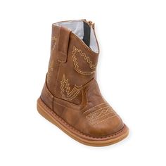 Western Boot  Lasso up a pair of our favorite western boots in brown with authentic styling and embroidery. They’re perfect all year round! Soft lining, supportive footbeds, and convenient side zipper closure. They’ll love wearing them and you’ll love their durability and convenient on/off style.  Soft, yet tough. With soft and comfy man-made leather uppers and flexible rubber soles, your little one will want to wear them every day. What’s more, they’ll stand up to those tumbles and turns along Baby Cowboy Boots, Squeaky Shoes, Baby Cowboy, Cute Boots, Western Boot, Wide Boots, Elastic Laces, Brown Boots