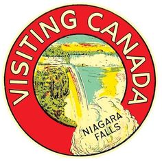 the logo for visiting canada is shown in red and yellow, with an image of niagara falls