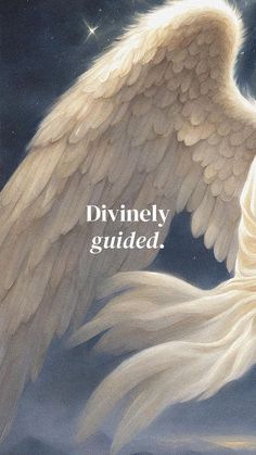 an angel with large white wings and the words divinely guided written on it's side