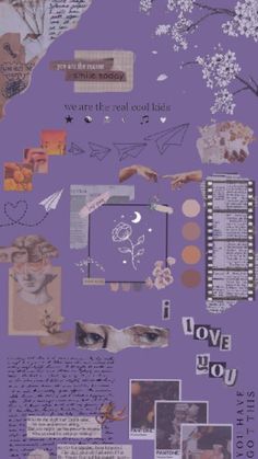 a collage of images and text on a purple background with words that read, i love you